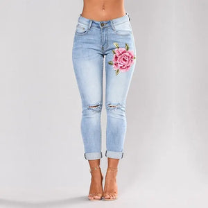 HLS Ripped Stretch Embroidered Flower Jeans. - Image #2