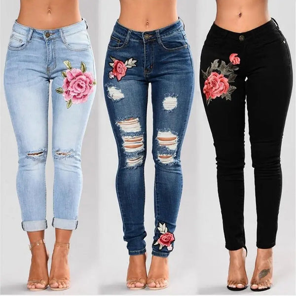 HLS Ripped Stretch Embroidered Flower Jeans. - Image #1