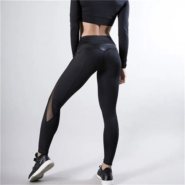 HLS Black Fitness Mesh and PU Leather Patch Leggings. - Image #4