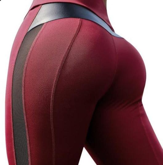 HLS High Waist Mesh And Leather Patchwork Fitness Leggings.