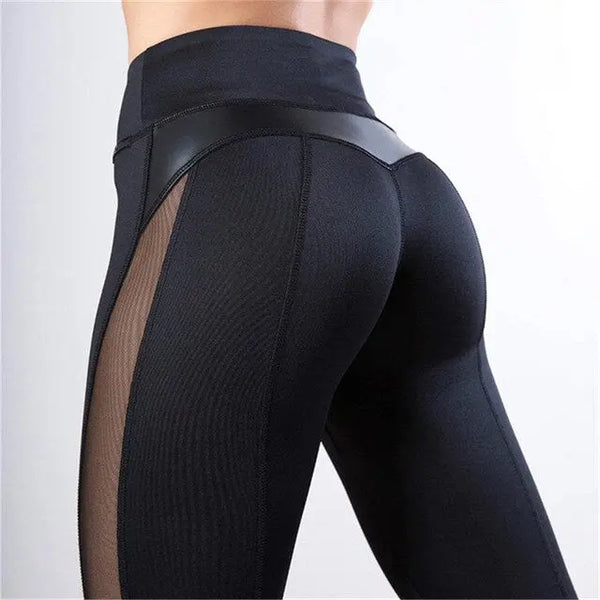 HLS Black Fitness Mesh and PU Leather Patch Leggings. - Image #3