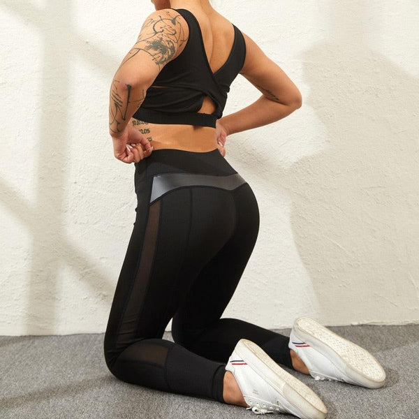 HLS High Waist Mesh And Leather Patchwork Fitness Leggings.