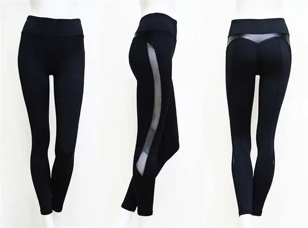 HLS Black Fitness Mesh and PU Leather Patch Leggings. - Image #5