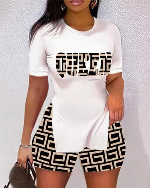 HLS Fashion Short Sleeve Round Neck Print Slit Hem Top and Shorts Two Piece Set 1 - Image #13