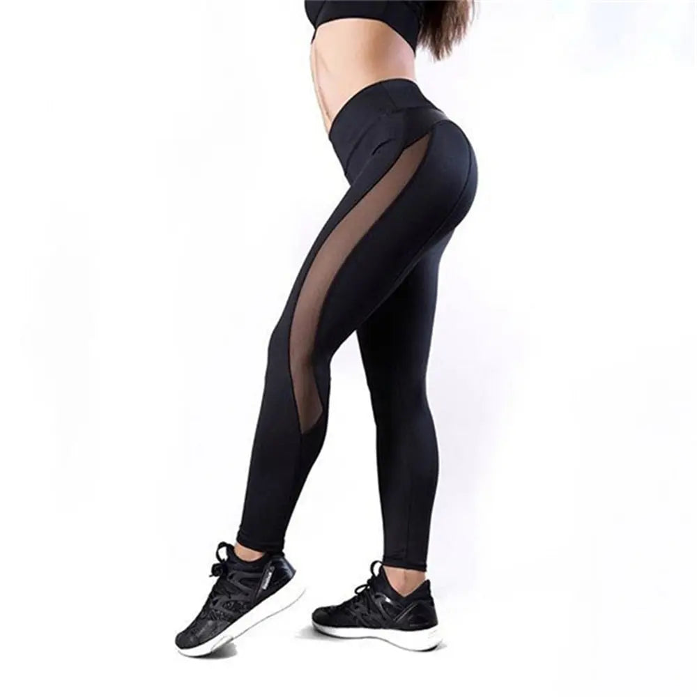 HLS Black Fitness Mesh and PU Leather Patch Leggings. - Image #2
