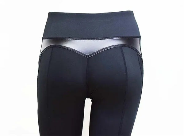 HLS Black Fitness Mesh and PU Leather Patch Leggings. - Image #6