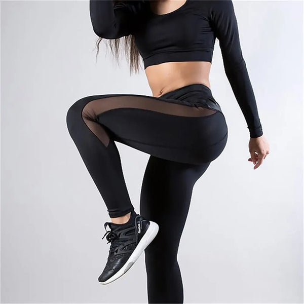 HLS Black Fitness Mesh and PU Leather Patch Leggings. - Image #1