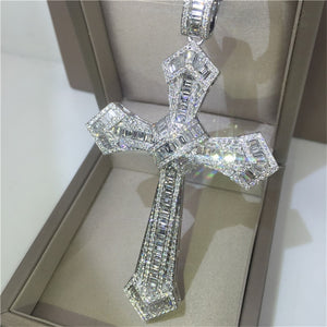 14K Long Diamond Cross 925 Sterling Silver Necklace Pendant.