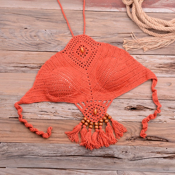 HLS Sexy Beaded Crop Halter Top Knit Bikini.